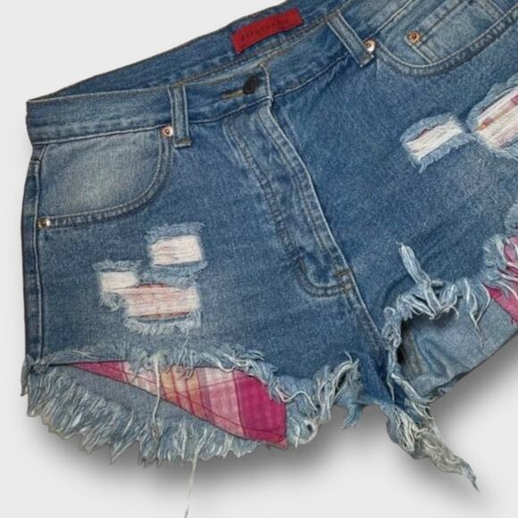 SIGNATURE8 HIGH RISE COUNTRY WESTERN FLANNEL DISTRESSED FESTIVAL DENIM SHORTS 8 - Picture 4 of 7